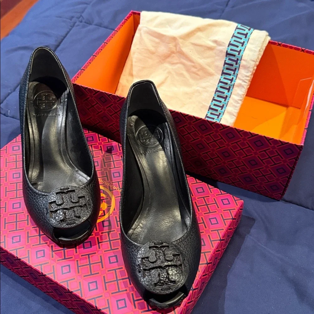 Tory Burch Black Peep Toe wedges, tumbled  leather, good condition, Sally 2
